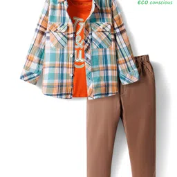 Babyoye 100% Cotton Woven Full Sleeves Checks Shirt T-Shirt & Trouser Set - White Brown & Orange-picture-39