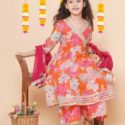 Bitiya By Bhama Silk Woven Three Fourth Sleeves Floral Printed Gota Lace Embellished Kurta Sharara With Dupatta Set - Orange-picture-14