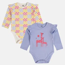 MINI KLUB Cotton Knit Pack Of 2 Full Sleeves Checked & Giraffe Printed Onesies - White & Lavender-picture-39