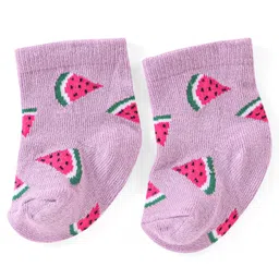 Cute Walk by Babyhug Knit Anti-Bacterial Ankle Length Socks with Watermelon Pineapple & Orange Design Pack of 3 - Pink Mint & Purple image 2