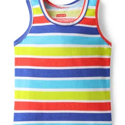 Babyhug 100% Cotton Single Jersey Knit Sleeveless Sando With Stripes & Dino Print Pack Of 3 - Red & Navy Blue image 2