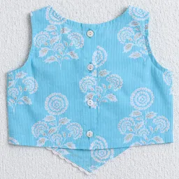 The Magic Wand Woven Sleeveless Floral Printed Pearl Embellished Lehenga Choli Set With Dupatta - Blue image 3