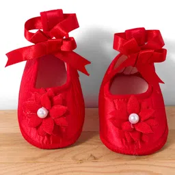 Babyhug Mesh Woven Cap Sleeves Party Dress With Sequinned Yoke & Booties - Red image 4