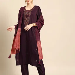 Anouk Women Burgundy Floral Embroidered Kurta with Trousers & With Dupatta-image-0