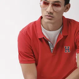 Harvard Men Red Solid Polo Collar Pure Cotton T-shirt-image-48