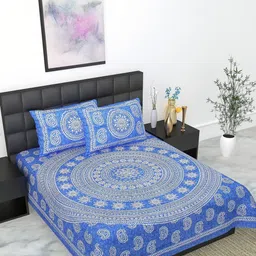 KD PRINTS Blue & White Ethnic Motifs 180 TC Bedsheet with 2 Pillow Covers-picture-46