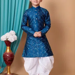HUMAN CHOICE Boys Blue Dupion Silk Embroidered Kurta & Patiala-image-65