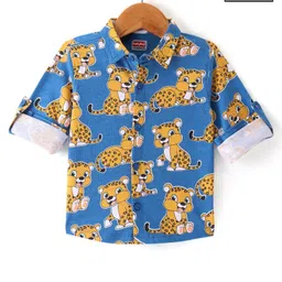 Babyhug Cotton Knit Full Sleeves Regular Collar Shirt with Cub Print - Navy Blue-picture-27