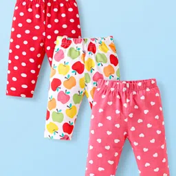 Babyhug Cotton Lycra Knit Three Fourth Length Leggings With Polka Dot Heart & Fruit Print Pack of 3 - Dark Pink White & Red-picture-14