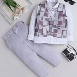 Fourfolds Full Sleeves Solid Shirt With Abstract Printed Waistcoat Trousers & Bow Set - Grey-picture-16