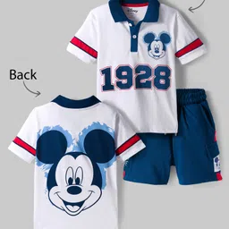 Ollington St. Disney Single Jersey Knit Oversize Drop Shoulder Half Sleeves Polo T-Shirt and Shorts Set with Front and Back Mickey Mouse Graphics - White & Navy Blue-picture-23