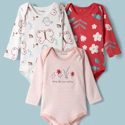 kookie kids india Kookie Kids Interlock Knit Full Sleeves Floral Embroidered & Butterfly Printed Onesies Pack of 3 - White Red & Pink-picture-21