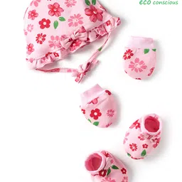 Babyoye 100% Cotton Knit with Eco Jiva Finish Cap with Knot Mittens & Booties Set with Floral Print Pink - Diameter 24 cm-picture-20