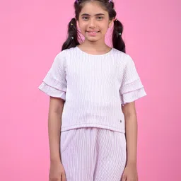 CRIMSOUNE CLUB Cotton Woven Half Sleeves Striped Top - Purple-picture-20