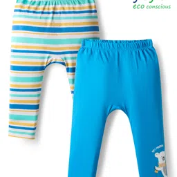 Babyoye 100% Cotton Eco Jiva Finish Full Length Diaper Leggings With Stripes & Teddy Print Pack of 2 - Light Blue & White-image-50