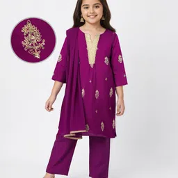 EARTHY TOUCH Woven Full Sleeves Kurta Salwar & Dupatta Set With Floral Embroidery - Purple-picture-29