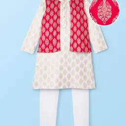 EARTHY TOUCH Single Jersey Knit Full Sleeves Kurta Pajama Set With Floral Print - White & Red-picture-12