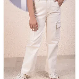 CRIMSOUNE CLUB Cotton Denim Solid Cargo Jeans - Beige-picture-24