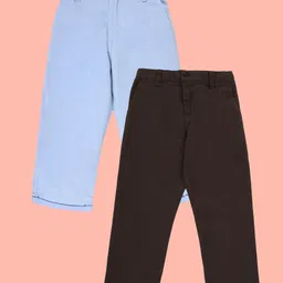 Kiddopanti Cotton Woven Pack of 2 Solid Chinos - Light Blue & Military Green-image-38