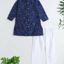 The Magic Wand Woven Full Sleeves Floral Printed Kurta & Pyjama Set - Navy Blue-picture-37
