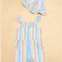 Pantaloons Baby Cap Sleeves Striped Coordinating Jumpsuit & Cap Set - Multi Colour image 3