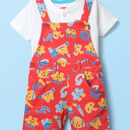 Babyhug Single Jersey Knit Half Sleeves T-Shirt & Dungaree With Alphabet Print - White & Red image 2