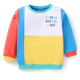 Babyhug Terry Knit Full Sleeves Cut & Sew T-Shirt & Lounge Pants Set With Text Print - Blue image 3