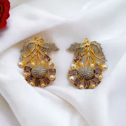 RinGold Gold Plated AD Studded And Beaded Floral Shaped Drop Earrings-picture-14