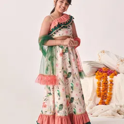 Pspeaches Cotton One Shoulder Floral Printed Lehenga Choli With Dupatta - Peach image 5