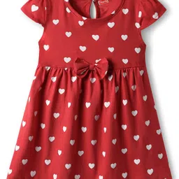 Babyhug Single Jersey Knit Cap Sleeves Frocks With Floral Print & Bow Applique Pack Of 2 - Red & Blue image 4