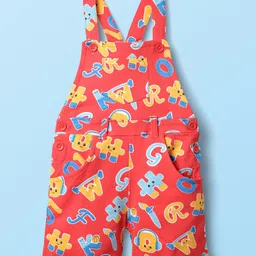 Babyhug Single Jersey Knit Half Sleeves T-Shirt & Dungaree With Alphabet Print - White & Red image 5