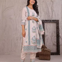 ZARI Women Floral Printed Sequinned Pure Cotton Kurta with Trousers & Dupatta image 2