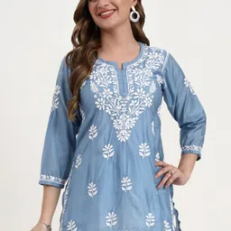 The Chikan Label Embroidered Sweetheart Neck Handloom three-quarter Top-image-57