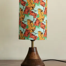 ExclusiveLane Lumespace Brown & Blue Floral Printed Wooden Cylindrical Shaped Table Lamp image 2