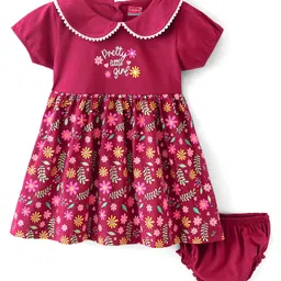 Babyhug 100% Cotton Jersey Knit Half Sleeves Frock With Bloomer Floral Print - Red-picture-23