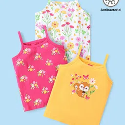 Babyhug 100% Cotton Knit Sleeveless Antibacterial Slips  with Floral & Squirrel Print Pack of 3 - White Pink & Yellow-image-75