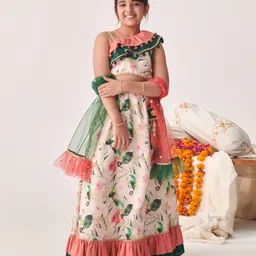 Pspeaches Cotton One Shoulder Floral Printed Lehenga Choli With Dupatta - Peach-picture-10