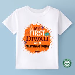 BLUSHES Diwali Theme 100% Cotton Half Sleeves My First Diwali With Mummy & Papa Text Printed Tee - White-picture-16