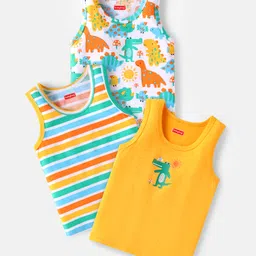 Babyhug 100% Cotton Knit Sleeveless Sando Vests With Dino Print Pack of 3 - Yellow White & Red-picture-26