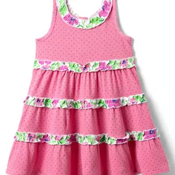 Babyhug Single Jersey Knit Sleeveless Tiered Frock with Polka Dots Print - Pink-image-10