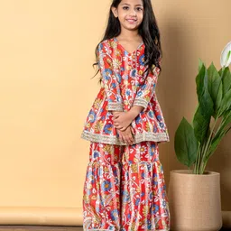 READIPRINT Chanderi Silk Three Fourth Sleeves Floral Printed Lace Embellished Kurta With Sharara - Red-picture-25