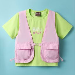 Little Kangaroos Cotton Knit Half Sleeves Top with Attached Jacket & Text Print - Pink-picture-27