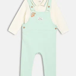 MINI KLUB Cotton Knit Full Sleeves Patch Detailed Dungaree With Tee - Cream & Green-picture-37