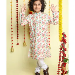 Little Clothing Cotton Woven Full Sleeves Floral & Peacock Feathers Printed Kurta Pyjama Set - Cream-picture-10