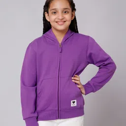 ALAN JONES Cotton Blend Knit Full Sleeves Love Text Patch Detailed Hooded Zipper Light Winter Sweatjacket - Purple-picture-31