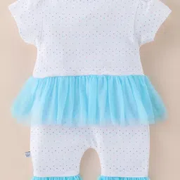Wonderchild Interlock Half Puffed Sleeves Polka Dots Printed Floral Embroidered Frill Detailed Romper - White & Sky Blue image 2