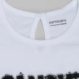 Pantaloons Junior Cotton Knit Half Bell Sleeves Shine Text Sequins Embellished Crop Top - White image 3