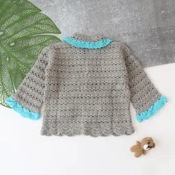 Woonie Hand Knitted Full Sleeves Floral Applique Detailed Sweater - Grey image 3