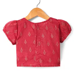 Babyhug Woven Short Sleeves Floral Embroidered & Foil Printed Choli Lehenga with Dupatta- Red image 3