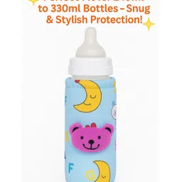 KIDS BASIC Soft & Durable Baby Feeding Bottle Cover Stretchable Soft Velvet Plush Cartoon Prints, Suitable UPTO 250 ml - Pink & Blue (Pack of 2) image 3